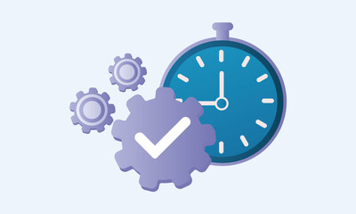 A cogwheel with an approval badge and an alarm clock in a scene showing a performance icon.on white background.Vector Design Illustration.