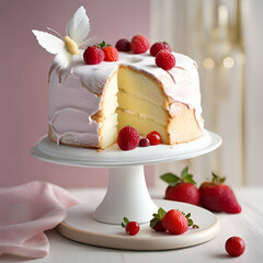 Angels food cake with strawberry and wings , generative ai