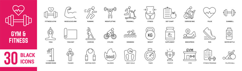 Gym & Fitness thin line icons set. Fitness, gym,  exercise, weight loss, diet, dumbbell, running,  and calorie. Vector illustration - obrazy, fototapety, plakaty