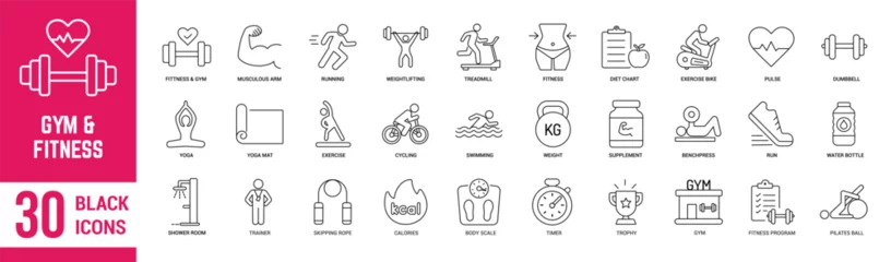  Gym & Fitness thin line icons set. Fitness, gym,  exercise, weight loss, diet, dumbbell, running,  and calorie. Vector illustration © Mogana