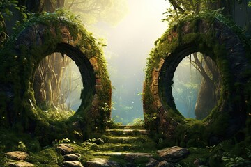 Forest with two magic portals. Ai art. Mystery gate
