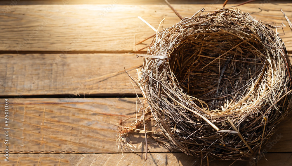 Wall mural empty bird nest made of dry straw on wooden background with sunshine