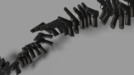 The guns are strung in a chain across the frame. Gray background. 