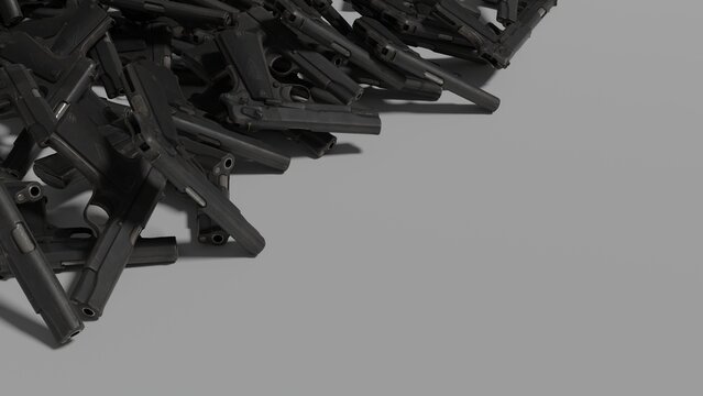 Lots of guns lying in a pile on a gray background and taking up half the image
