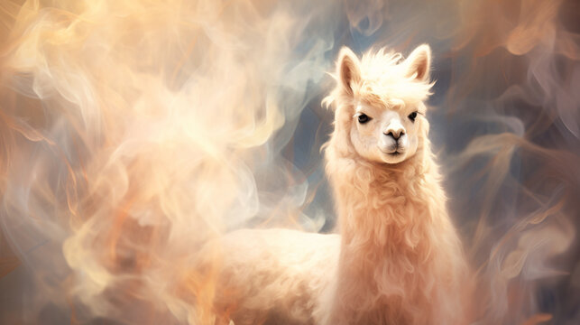 Generative AI image of an alpaca in cloud of beige smoke: Mystical alpaca emerges gracefully, surrounded by ethereal swirls, creating an enchanting and surreal scene.