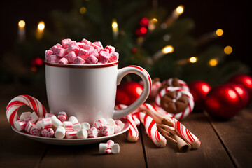 A cup of hot chocolate with marshmallows and a candy cane