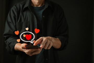 A Man hand touch the virtual screen while chat and communication online social media platform....