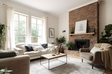 White minimalist living room interior with sofa on a wooden floor, decor on a large wall, white landscape in window. Home Nordic interior | Scandinavian interior poster mock up,Generative AI