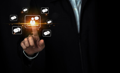 Businessman hand touch the virtual screen while chat and communication online social media platform.for business. Virtual community that people can share or upload photo and content.