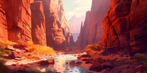 Majestic canyon with steep cliffs, winding rivers, and layers of colorful rock formations . Generative AI