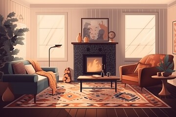 Modern interior design of the living room with fireplace. Super photo realistic background, generative ai