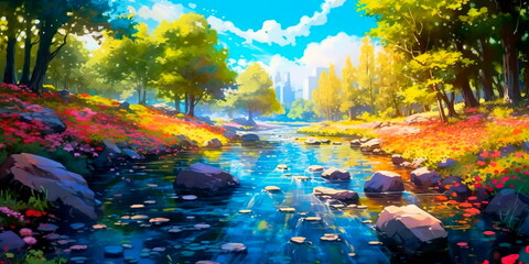 Fototapeta na wymiar Peaceful river flowing through a vibrant valley, surrounded by vibrant foliage and wildlife Generative AI