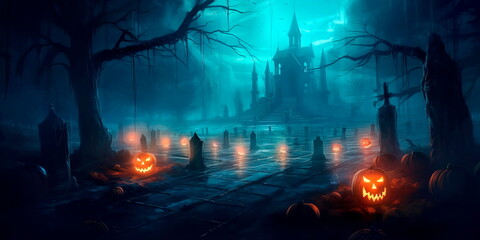 haunting Halloween background with a ghostly graveyard, flickering candlelight, and hovering spirits. Generative AI