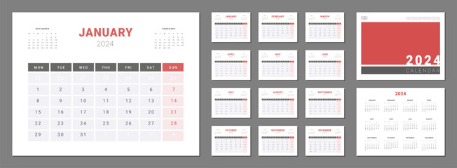 Set of 2024 Calendar Planner Template with Cover and Place for Photo, Company Logo. Vector layout of a wall or desk simple calendar with week start monday. Calendar grid in grey, red color for print