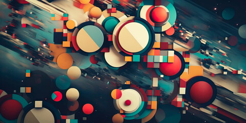 abstract background that uses geometric shapes such as circles, squares, and triangles.