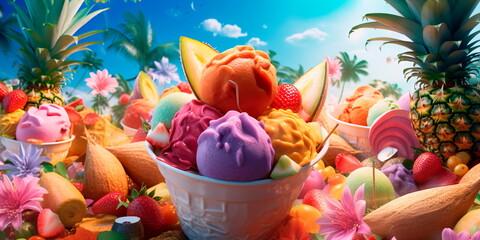 Tropical ice cream background with palm trees, tropical fruits, and refreshing scoops of exotic flavors. Generative AI