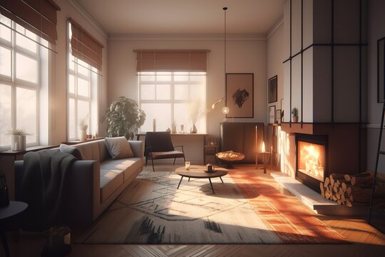 Modern interior design of the living room with fireplace. Super photo realistic background, generative ai