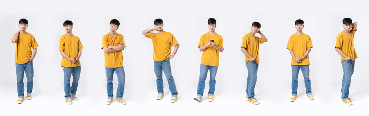 Collection full length handsome asian man lifestyle in yellow casual outfit on isolated white background. Young Asian man happy smile in studio. Business online concept.