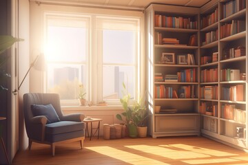 a room filled with lots of books and furniture. Generative AI