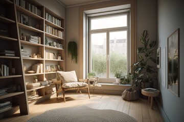a room filled with lots of books and furniture. Generative AI