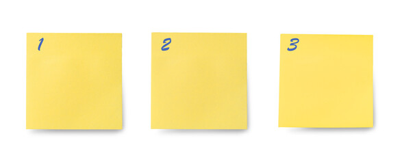 1, 2, and 3 order numbers on blank sticky notes, priority, process, or instruction. plan step by...
