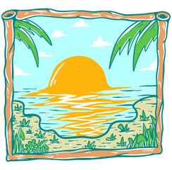 beach with palm trees illustration vintage vector