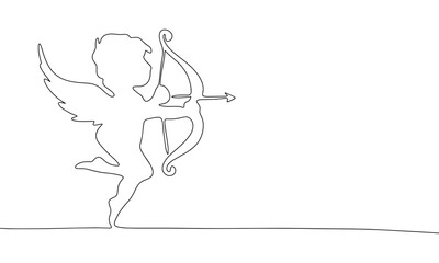Cupid angel one line continuous vector illustraiton. Concept Valentine's Day banner. Line art, outline silhouette
