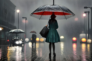 A girl with an umbrella on a rainy day