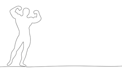 Male bodybuilder one line continuous vector illustraiton. Concept sport banner. Line art, outline silhouette