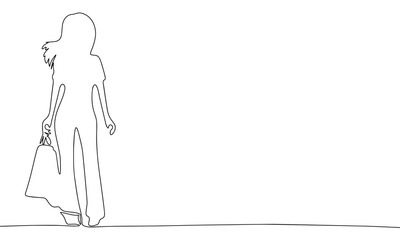 Shopping woman one line continuous vector illustraiton. Concept shop banner. Line art, outline silhouette