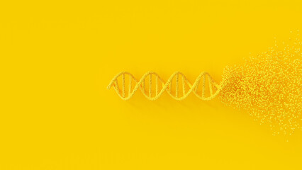 Yellow DNA molecule from particles on yellow background. Minimal idea concept. 3D Render.