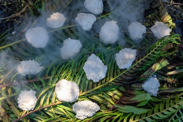 Cocinando Chapaleles al vapor en curanto tradicional al sur de Chile