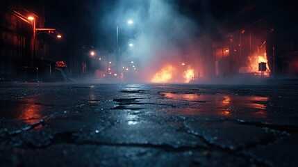 Abstract Neon Nightscape: Wet Asphalt and Smoke