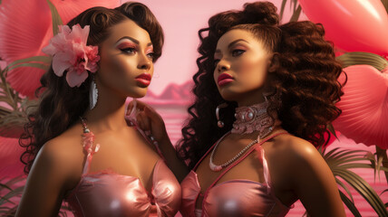 Fototapeta premium dark-skinned retro girlfriends on vacation by the sea