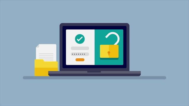 Cyber security concept. Accessing personal file and document on laptop with password authentication, username and passcode to unlock digital information, video animation concept.