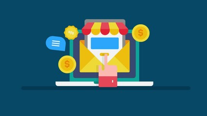 Email message with discount coupon offer, trigger customer purchase with personalized newsletter, person buying from ecommerce store laptop, email advertising and marketing video animation.