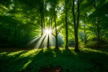 sun rays through the forest generated by AI technology
