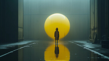 Artwork Depicting a Child Staring at a Large Yellow Sphere Generative AI