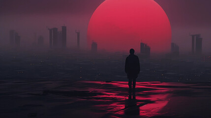 Artwork Depicting a Person Viewing a Pink Sun Setting Behind a Bleak Industrial Landscape Generative AI