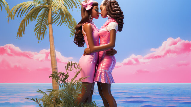 dark-skinned retro girlfriends on vacation by the sea