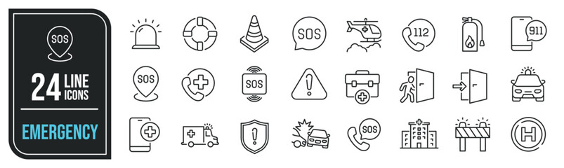 Emergency simple minimal thin line icons. Related SOS, safety, alarm, urgency, warning. Editable stroke. Vector illustration.