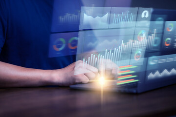 Fototapeta premium Business finance data analytics graph chart report. man using laptop computer with digital data of economic growth , marketing KPI sale report, financial management technology.decision.