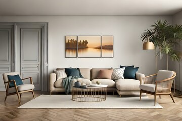 Living room interior wall mockup in warm tones with beige linen sofa, dry Pampas grass, wicker table and boho style decor on blank wall background. 3D rendering, illustration. Modern living room.