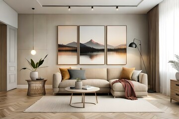 Living room interior wall mockup in warm tones with beige linen sofa, dry Pampas grass, wicker table and boho style decor on blank wall background. 3D rendering, illustration.