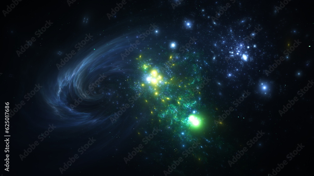 Poster amazing galaxy cluster of massive stars in space. boundless universe, gas nebula in outer space. 3d 