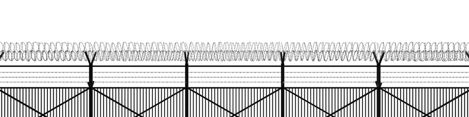 Fence made of steel barbed wire on white background, isolate. Border of territory. 3d render