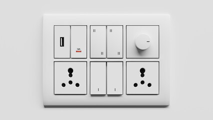 Modular switchboard electrical outlet, interchangeable on a white wall. 3d render
