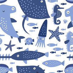 Cute cartoon sea animals - vector illustration. Awesome character, flat style, undersea life seamless pattern © NadezdaBarkova