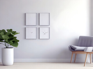 Blank Wooden Picture Frame Mockup On Wall In Modern Interior. Horizontal Artwork Template Mock-Up For Artwork, Painting, Photo Or Poster In Interior Design