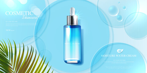 Moisture skincare product ads with watery water to moisturize the face. bottle and realistic package mockup. banner ad for beauty products and blue background. cosmetic vector design.
